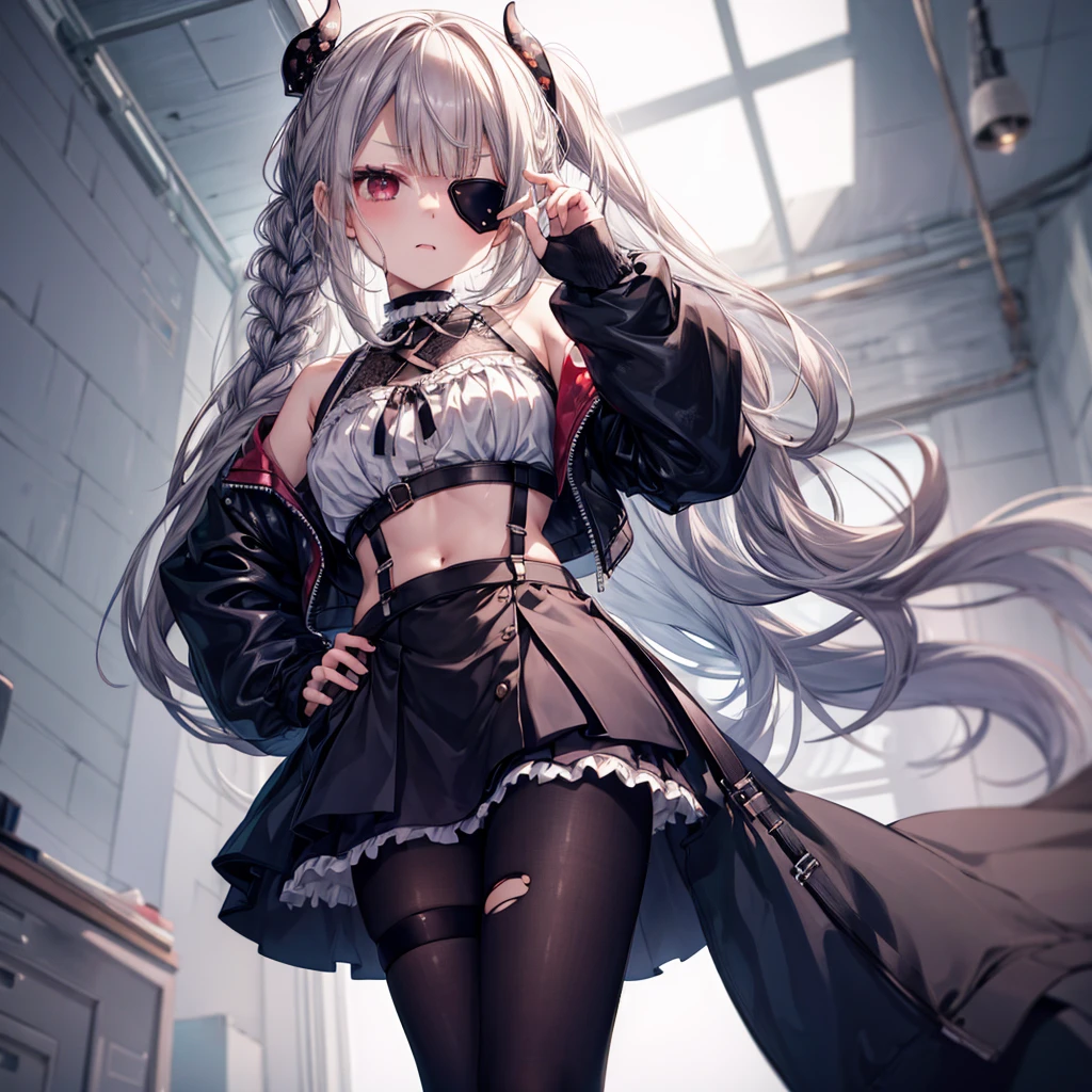 ((Highest quality)), ((masterpiece)), ((detailed)), (4K), 1girl, 独奏, (eyepatch), crop top, leather jacket, Torn miniskirt, suspender skirt, torn pantyhose, panties, panties under pantyhose, choker, bracelet, erect nipples, (rain), (wet),  (expressionless), scowl, (from below), (looking down), looking at viewer, wasteland