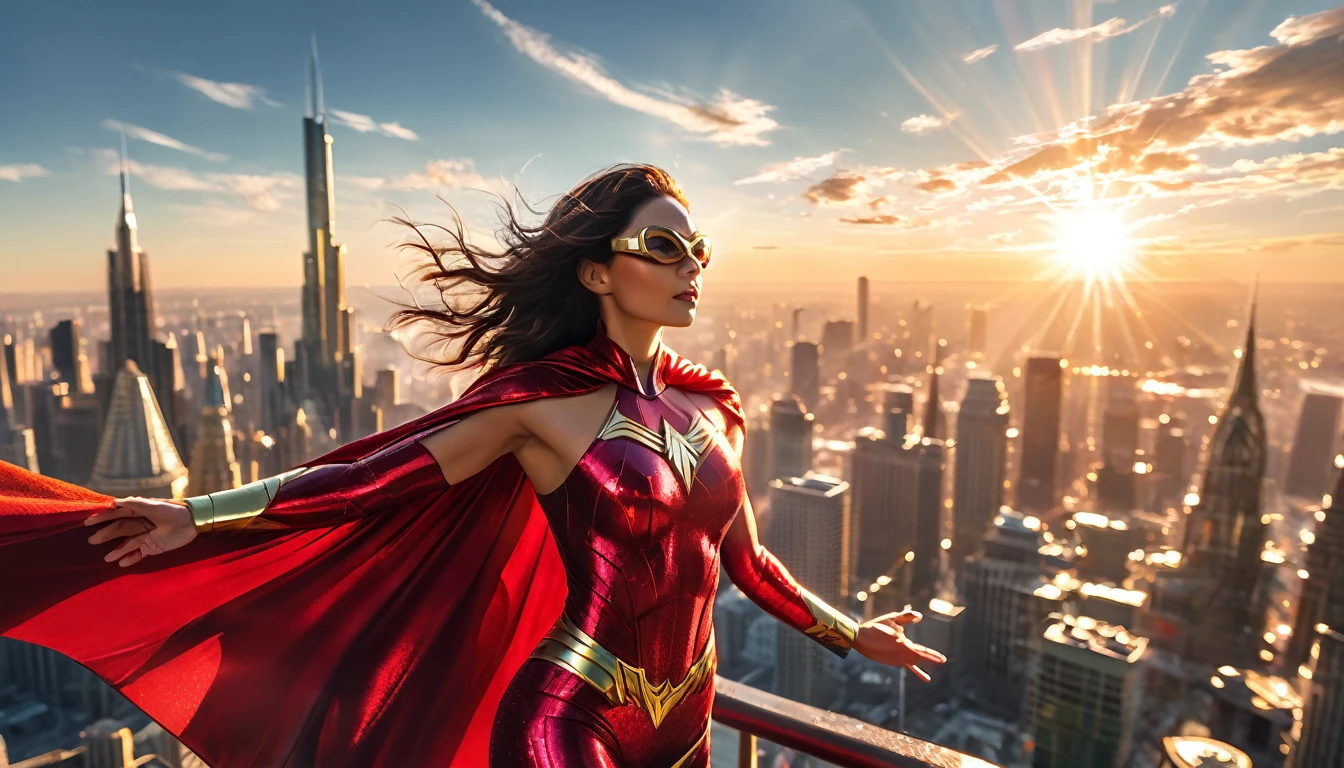 Epic superhero photo of Solarflare, a powerful woman with radiant skin and glowing eyes, wearing a golden-red suit with a shimmering cape, absorbing solar energy with her hands outstretched, full body framing, ascending above a partially frozen city skyline, under intense sunlight with lens flares and light bursts, shot from a low angle looking up, on a RED KOMODO 6K camera with an ultra-wide lens, (HDR effect:1.4), (dynamic motion blur on cape:1.2), in the style of (Alex Ross's realistic superhero paintings:1.3) meets (J.J. Abrams' lens flare aesthetic:1.3)