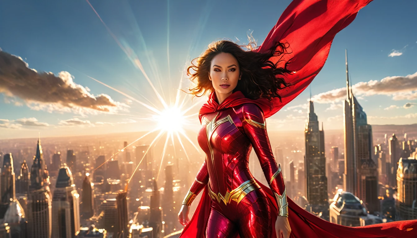 Epic superhero photo of Solarflare, a powerful woman with radiant skin and glowing eyes, wearing a golden-red suit with a shimmering cape, absorbing solar energy with her hands outstretched, full body framing, ascending above a partially frozen city skyline, under intense sunlight with lens flares and light bursts, shot from a low angle looking up, on a RED KOMODO 6K camera with an ultra-wide lens, (HDR effect:1.4), (dynamic motion blur on cape:1.2), in the style of (Alex Ross's realistic superhero paintings:1.3) meets (J.J. Abrams' lens flare aesthetic:1.3)