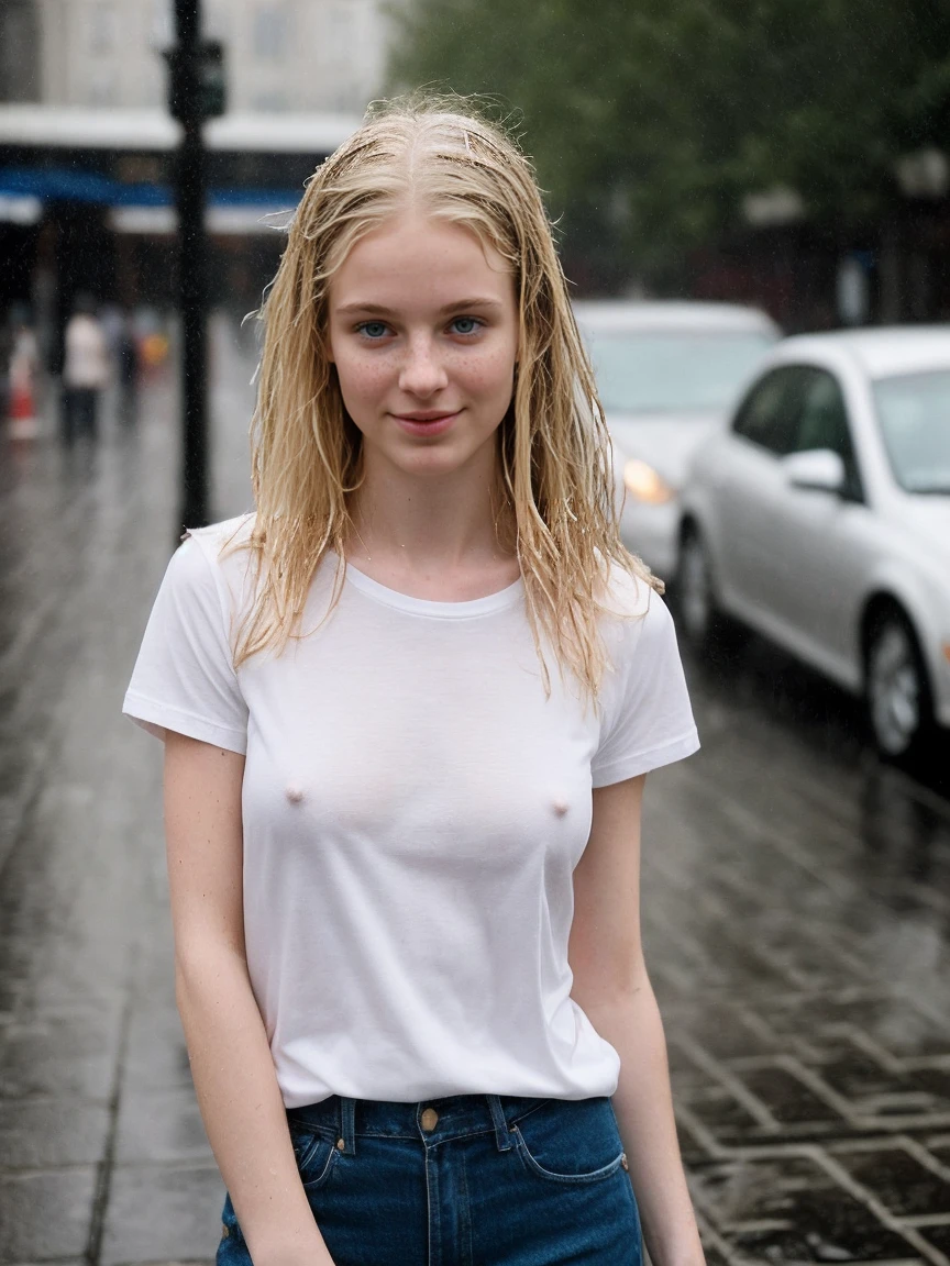 A highly detailed and realistic image with natural lighting, featuring an amateur portrait with a focus on face and a tight composition of a 19-year-old girl,pale skin, beautiful face with youthful and elegant appearance, long blonde hair, slight smile with playful attitude, medium breast. she wears only a small, fitted and wet t-shirt, she is soak wet while standing at a rainy street. harmonious interplay of light and shadow, dark and stormy atmospheric scenario,