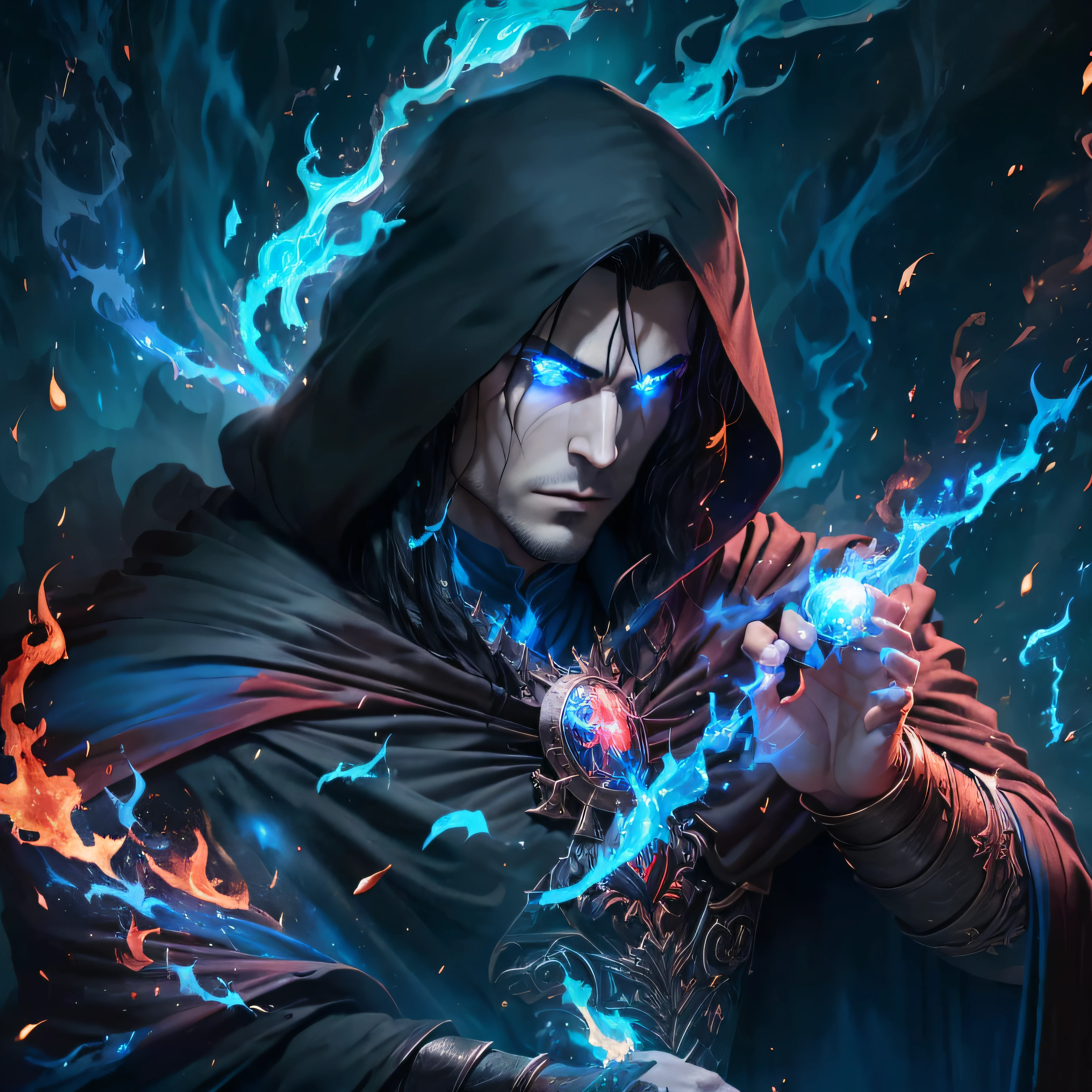 dark muscular male, Evil lord Mordred with long black hair wearing black , dark muscular male evil lord with long black hair wearing black and red cloak throwing Blue flames from his hands, magie, magieian, Blue flames, fire blue red cloak throwing Blue flames from his hands, magie, magieian, Blue flames, fire blue