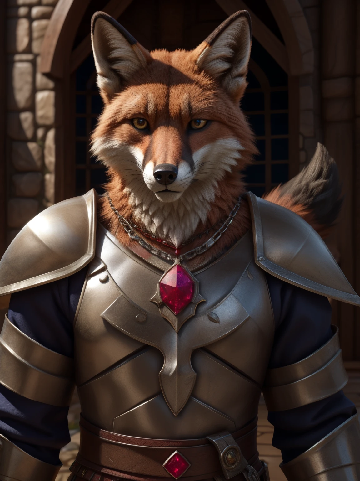 (In RuneScape) Middle Ages, medieval imperial guard with metal armor, red fox head, metal shoulder pads, ((necklace with a ruby)), Realistic fur, furry fox tail