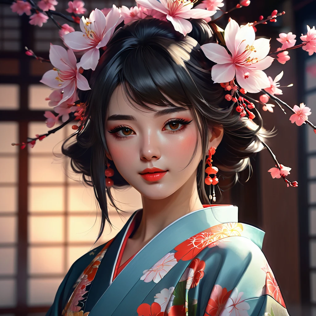 arafed woman in a kimono with flowers on her head, beautiful digital artwork, beautiful digital illustration, beautiful digital painting, gorgeous digital painting, artwork in the style of guweiz, photorealistic anime girl render, smooth anime cg art, beautiful digital art, great digital art with details, stunning digital illustration, detailed digital anime art, render of april, beautiful anime portrait