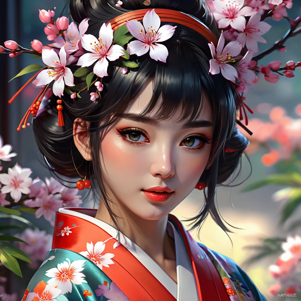arafed woman in a kimono with flowers on her head, beautiful digital artwork, beautiful digital illustration, beautiful digital painting, gorgeous digital painting, artwork in the style of guweiz, photorealistic anime girl render, smooth anime cg art, beautiful digital art, great digital art with details, stunning digital illustration, detailed digital anime art, render of april, beautiful anime portrait
