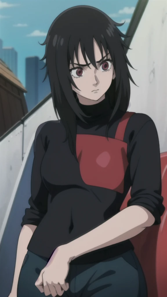 girl, Sixteen years old, black hair, Sharingan eyes, black turtleneck, and pants Studio Pierrot style anime