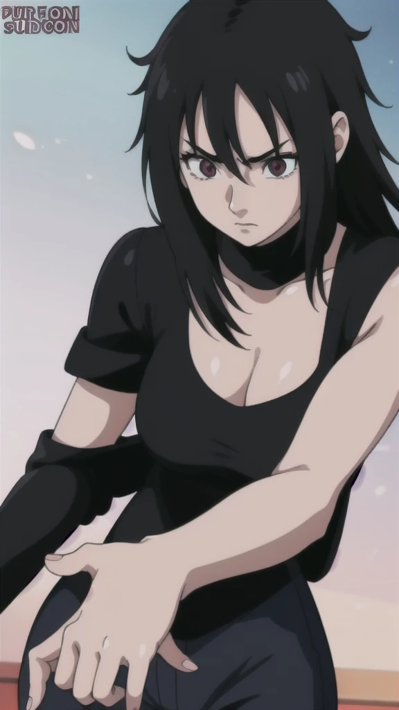 girl, , black hair, Sharingan eyes, black turtleneck, and pants Studio Pierrot style anime