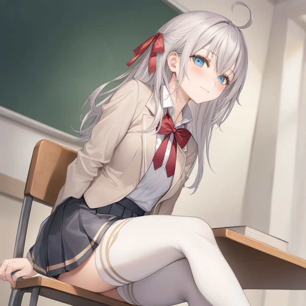 detailed skin, detailed hair, 1girl, detailed skin, detailed hair, long hair, blue eyes, grey hair, hair between eyes, bangs, ahoge, , open jacket, collared shirt, red bow, long sleeves, pleated skirt, hair ribbon, red bowtie, white shirt, beige blazer, ((White thighhighs:1.5)),zettai ryouiki, ((from below:1.3,close up to crotch:1.3)), in the classroom, ((skirts lift,lifted by self)), ((show off Well designed White Lace panties)), medium breasts,