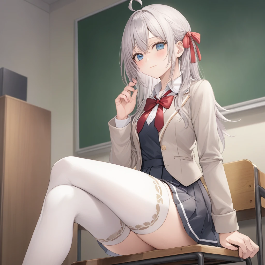 detailed skin, detailed hair, 1girl, detailed skin, detailed hair, long hair, blue eyes, grey hair, hair between eyes, bangs, ahoge, , open jacket, collared shirt, red bow, long sleeves, pleated skirt, hair ribbon, red bowtie, white shirt, beige blazer, ((White thighhighs:1.5)),zettai ryouiki, ((from below:1.3,close up to crotch:1.3)), in the classroom, ((skirts lift,lifted by self)), ((show off Well designed White Lace panties)), medium breasts,