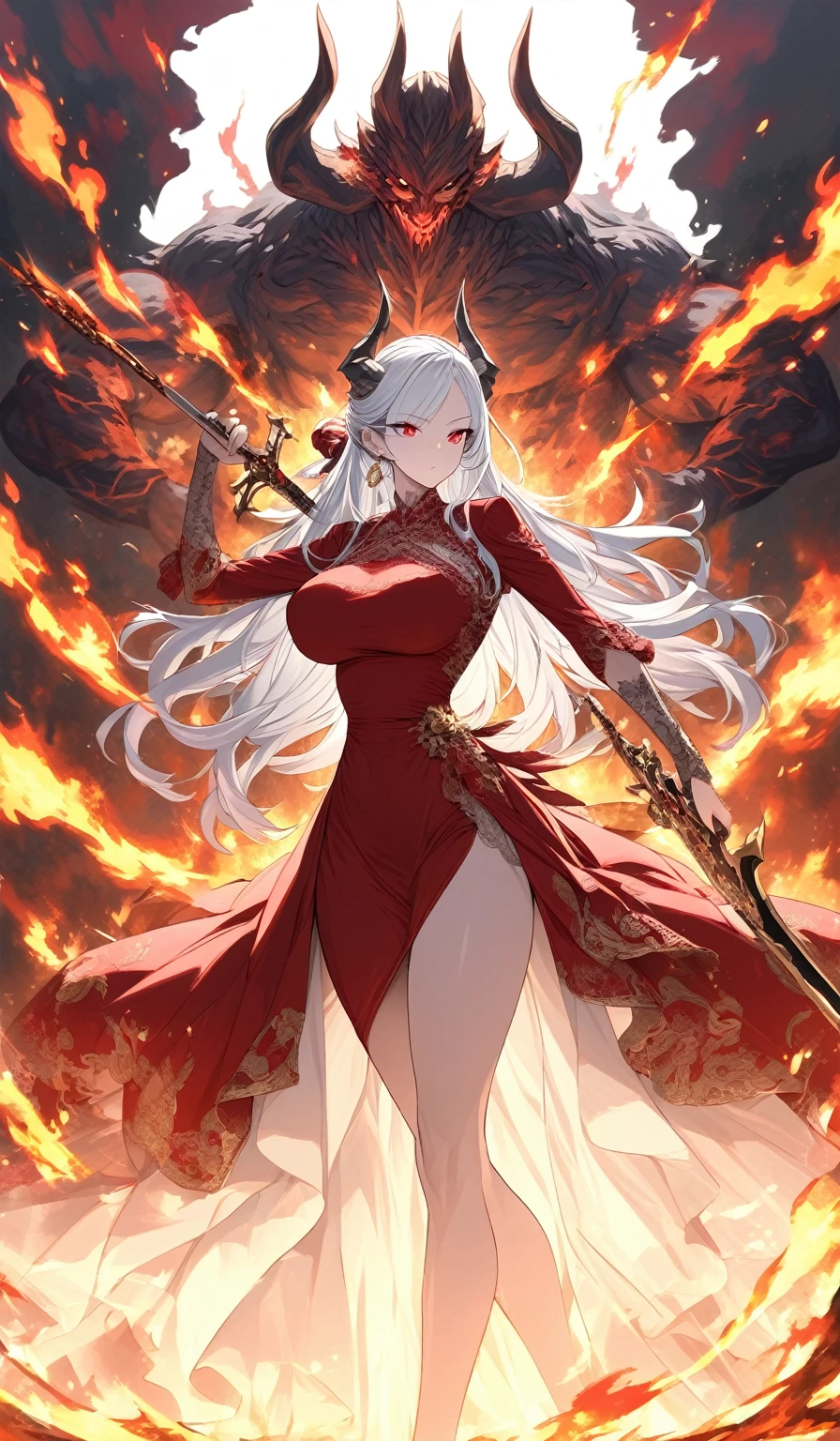 A masterpiece, very detailed, ultra detailed, one, (1 woman), athletic body, six press packs, she is in a ballroom lace red dress with bright gold details, with a fiery sword in her hand and in a standing and fighting position, super mature, tall, milf-style, mature mother, long hair, bright white hair and tied hair, white demonic horns, beautiful, charming, bright blood-red eyes, elegant, large breasts, neutral face, calm face, charming, against the background of fire, flame and lava.