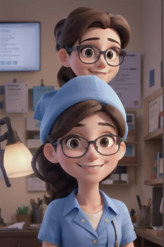 work of art, best qualityer, a girl dentist with glasses, wearing a blue blouse 