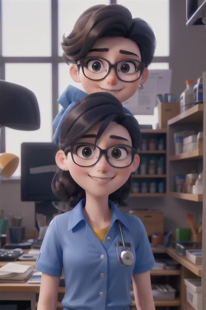 work of art, best qualityer, a girl dentist with glasses, wearing a blue blouse 