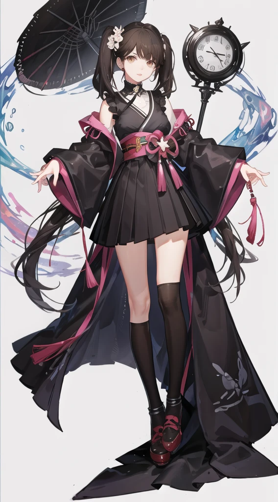 girl,full body,(detailed face:1.2), pure background,masterpiece, fashion,tokyo,harajuku,, medium hair, black hair, twintails, blunt bangs, brown eyes,