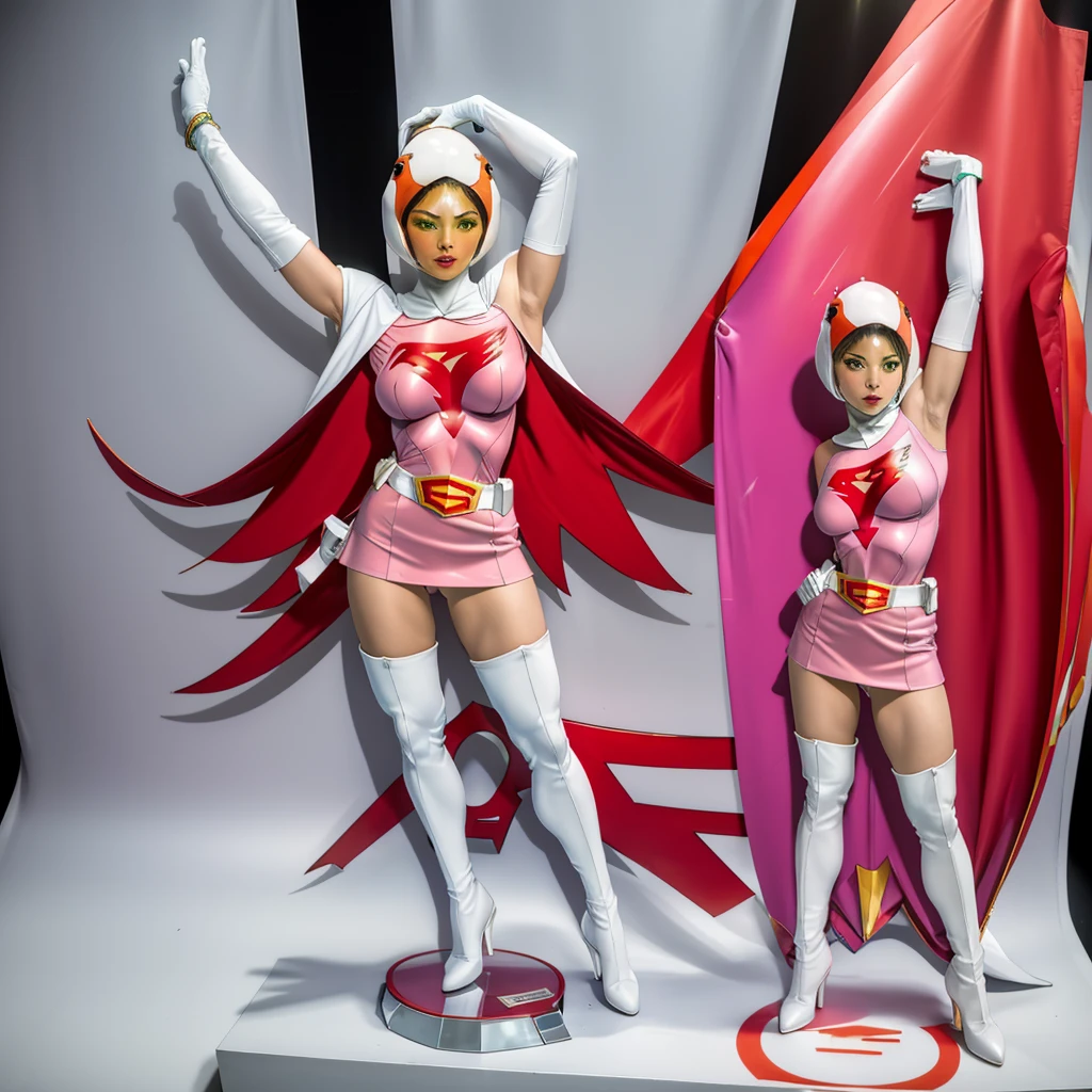 ANI_CLASSIC_jun_gatchaman_ownwaifu,1girl, 15 years old,good anatomy, masterpiece, best quality,realistic, hyperrealistic, 16k hdr,breasts,green eyes,lips,large breasts,lipstick,makeup,gloves,cape,helmet,belt,elbow gloves,white gloves,mask,ultra miniskirt,leotard,spacesuit,white tight overknee highheels boots,pink dress,superhero,bodysuit,cleavage,erected nipples,((standing pose,spread legs, arms up straight)),cameltoe