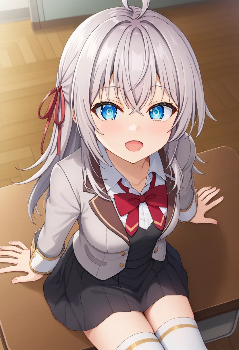 source_anime, 1girl, alya, grey hair, long hair, ahoge, hair ribbon, blue eyes, , bowtie, black skirt, white thighhighs, sitting, on table, innocent face, cute, looking at viewer, from above, classroom, slightly open mouth, eye focus