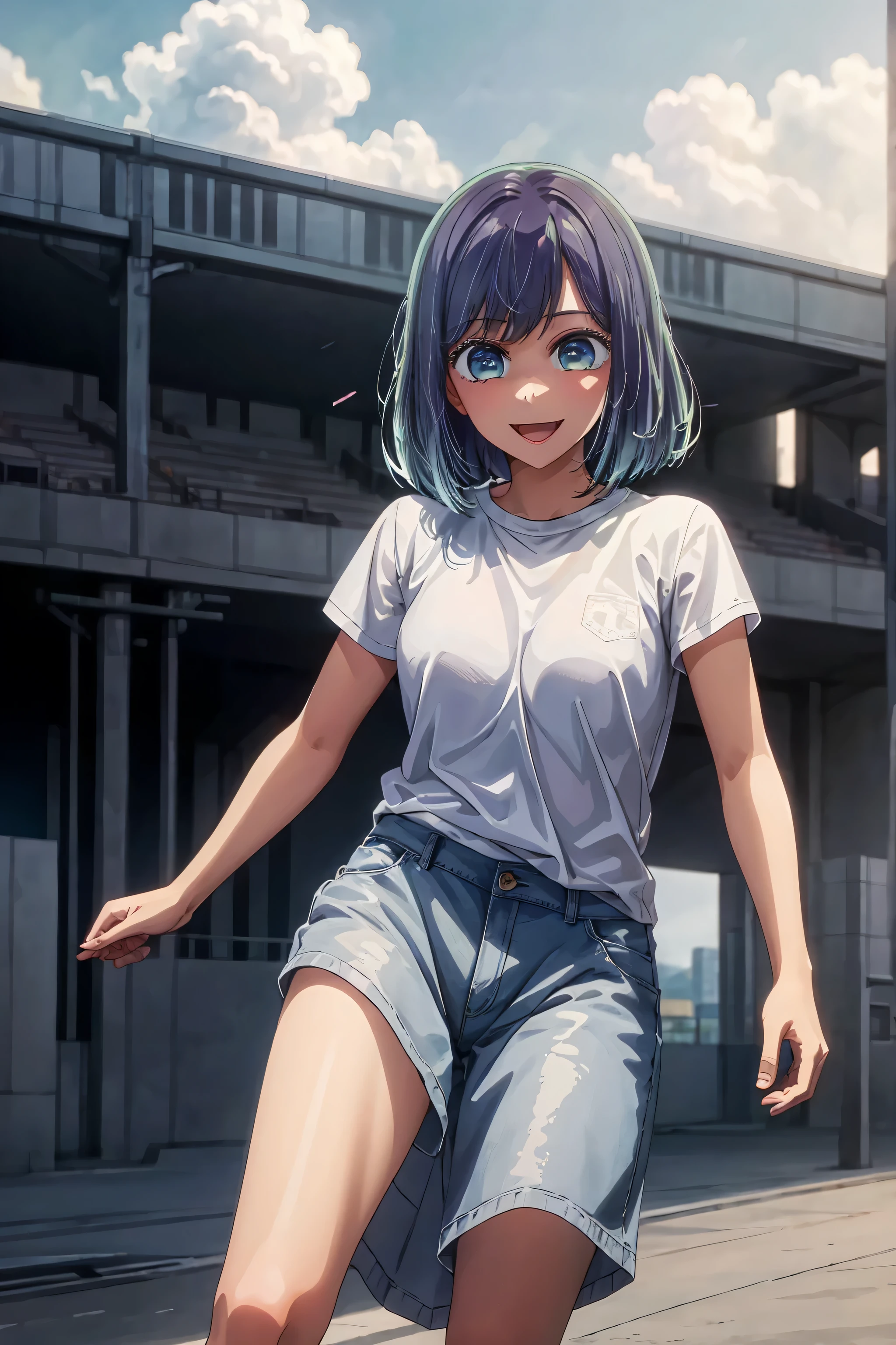 best quality, masterpiece, 1 girl, alone, beautiful eyes, big smile, very surprised expression, casual clothes, stadium stands background