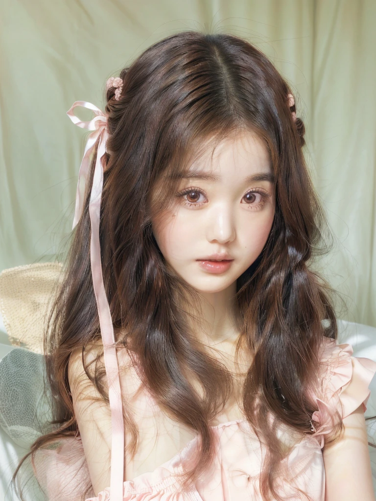 There is a woman with long hair and a pink dress posing for a photo, ulzzang, cute kawaii girl, kawaii realistic portrait, brown hair and large eyes, kawaii hairstyle, cute natural anime face, Sakimichan, kawaii hair style, cute face girl, big eyes and long flowing hair, ultra realistic sweet bunny, brown hair with bangs