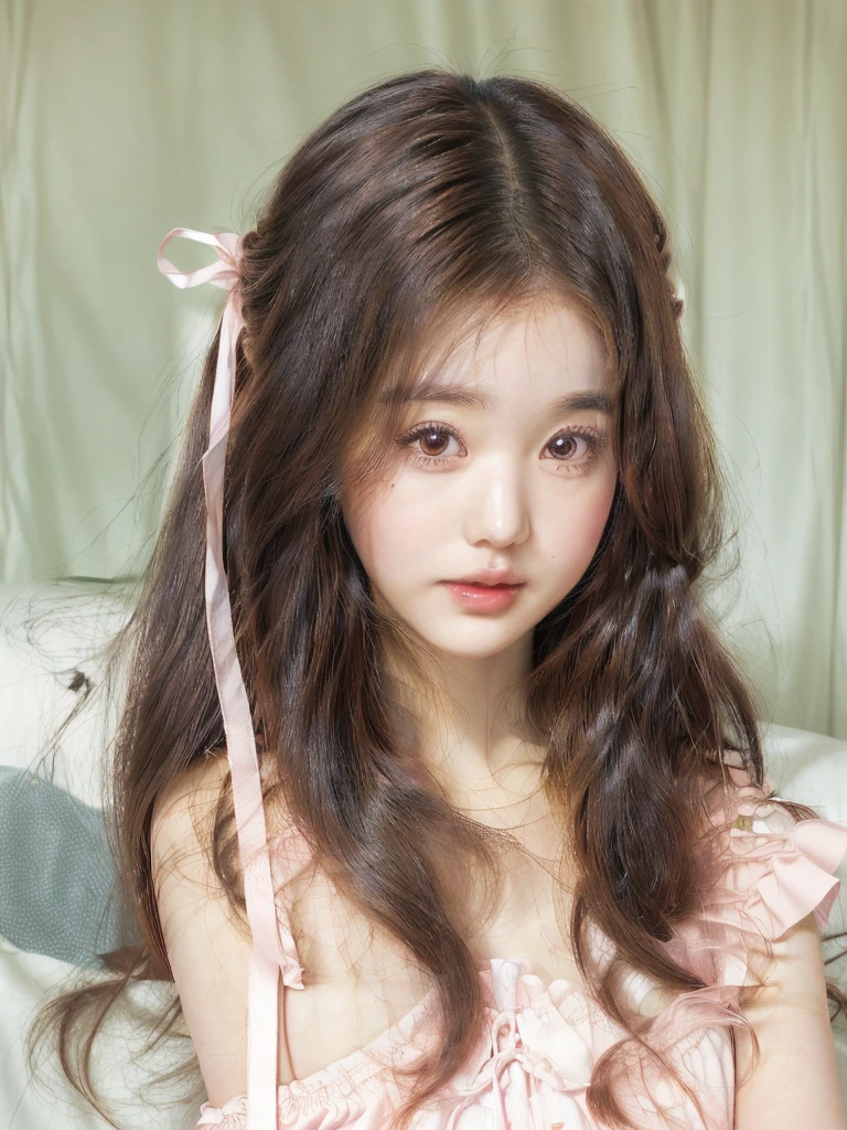 There is a woman with long hair and a pink dress posing for a photo, ulzzang, cute kawaii girl, kawaii realistic portrait, brown hair and large eyes, kawaii hairstyle, cute natural anime face, Sakimichan, kawaii hair style, cute face girl, big eyes and long flowing hair, ultra realistic sweet bunny, brown hair with bangs