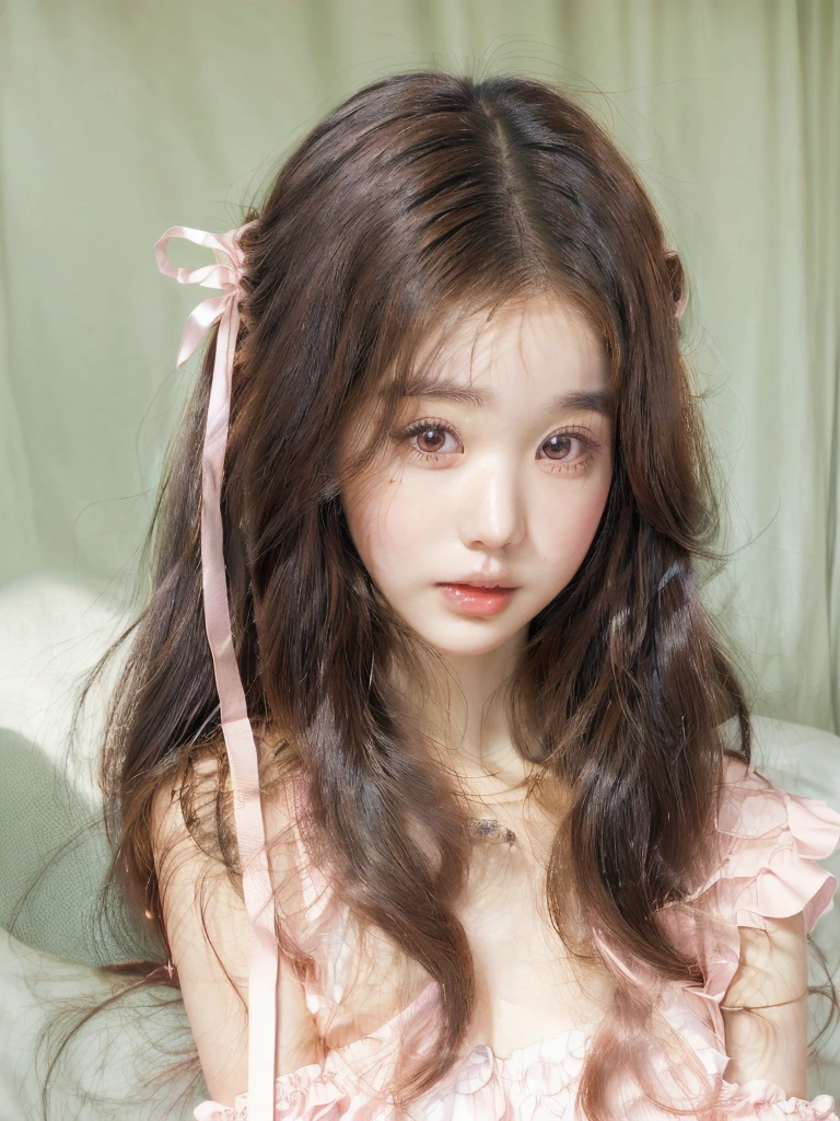 There is a woman with long hair and a pink dress posing for a photo, ulzzang, cute kawaii girl, kawaii realistic portrait, brown hair and large eyes, kawaii hairstyle, cute natural anime face, Sakimichan, kawaii hair style, cute face girl, big eyes and long flowing hair, ultra realistic sweet bunny, brown hair with bangs