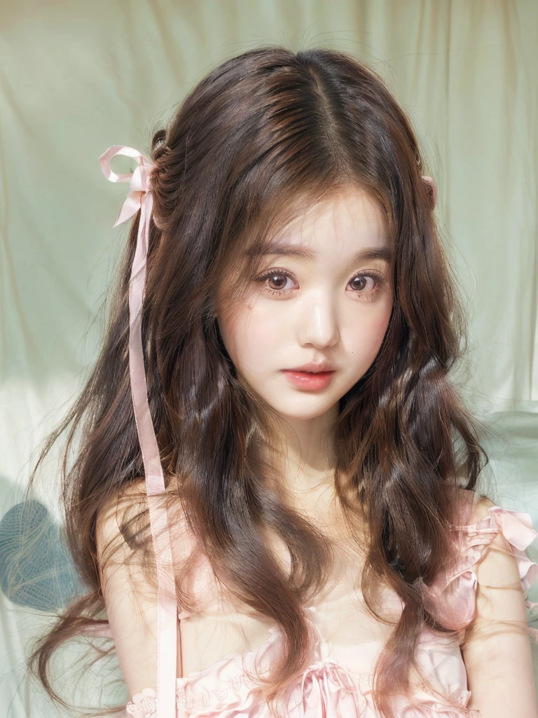 There is a woman with long hair and a pink dress posing for a photo, ulzzang, cute kawaii girl, kawaii realistic portrait, brown hair and large eyes, kawaii hairstyle, cute natural anime face, Sakimichan, kawaii hair style, cute face girl, big eyes and long flowing hair, ultra realistic sweet bunny, brown hair with bangs