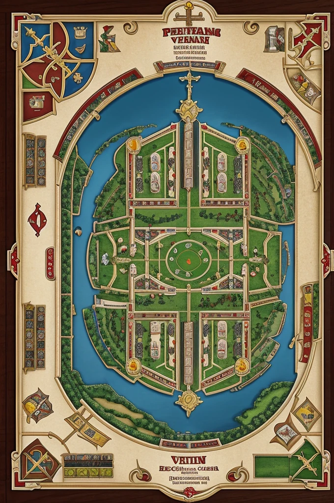 The playing field in the board game on the theme “Election of the Pope: Sextine Chapel” it should have icons of 8 players in the form of cardinals, also a map of the Vatican with cities of influence where players can place their additional chips, and places for cards and chips for different mechanics.
