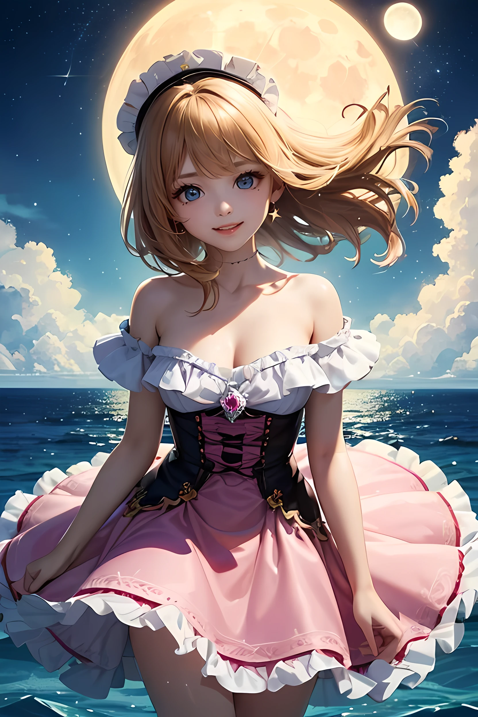 (Highest quality、Highest quality、Masterpiece、Very delicate、Very detailed、Exquisite、16K、Full HD)、1 female、(Pink Gothic ta Mini Skirt Dress、Décolleté dress、gem、Frill mini skirt dress、Skirt in the wind、White frills)、Perfect body line、Glowing Skin、(Groomed eyebrows、Pink Lips、Blue Eyes、Detailed eyes、A cheerful look、Mole under the mouth)、(Golden Hair、Medium Hair、Shoulder-length hair、Shiny Hair)、Dynamic Pose、Dramatic lighting、(star、moon、water、star空)