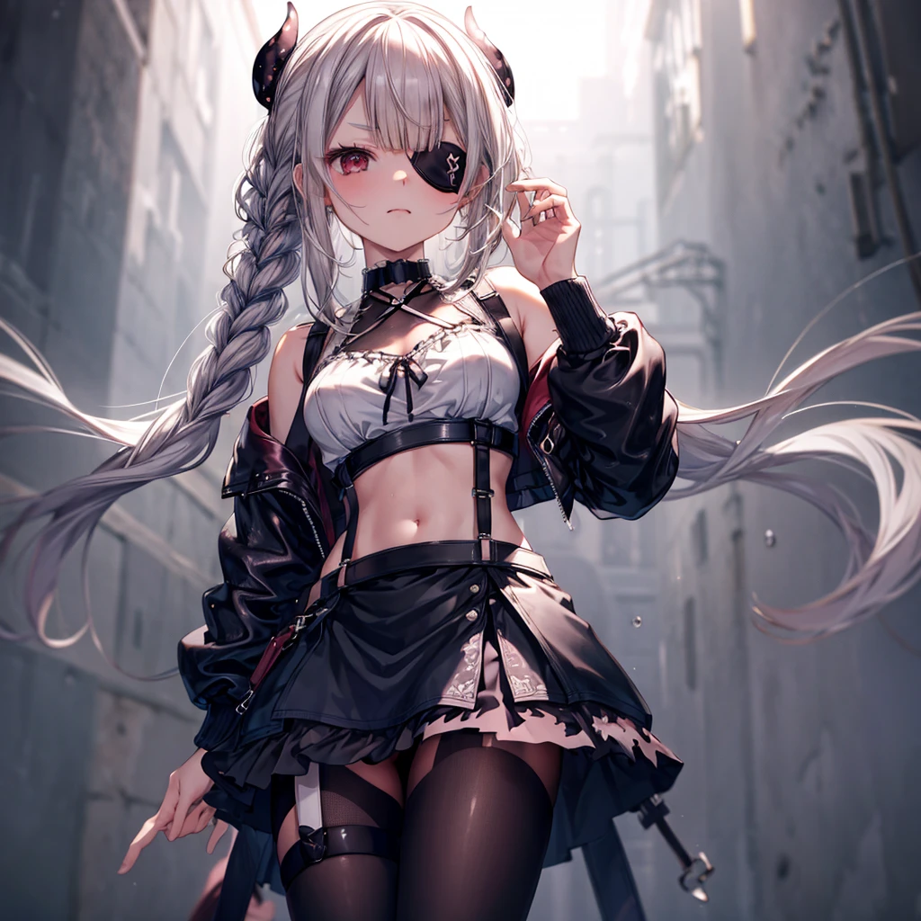 ((Highest quality)), ((masterpiece)), ((detailed)), (4K), 1girl, 独奏, (eyepatch), crop top, leather jacket, Torn miniskirt, suspender skirt, torn pantyhose, panties, panties under pantyhose, choker, bracelet, erect nipples, (rain), (wet),  (expressionless), scowl, (from below), (looking down), looking at viewer, wasteland