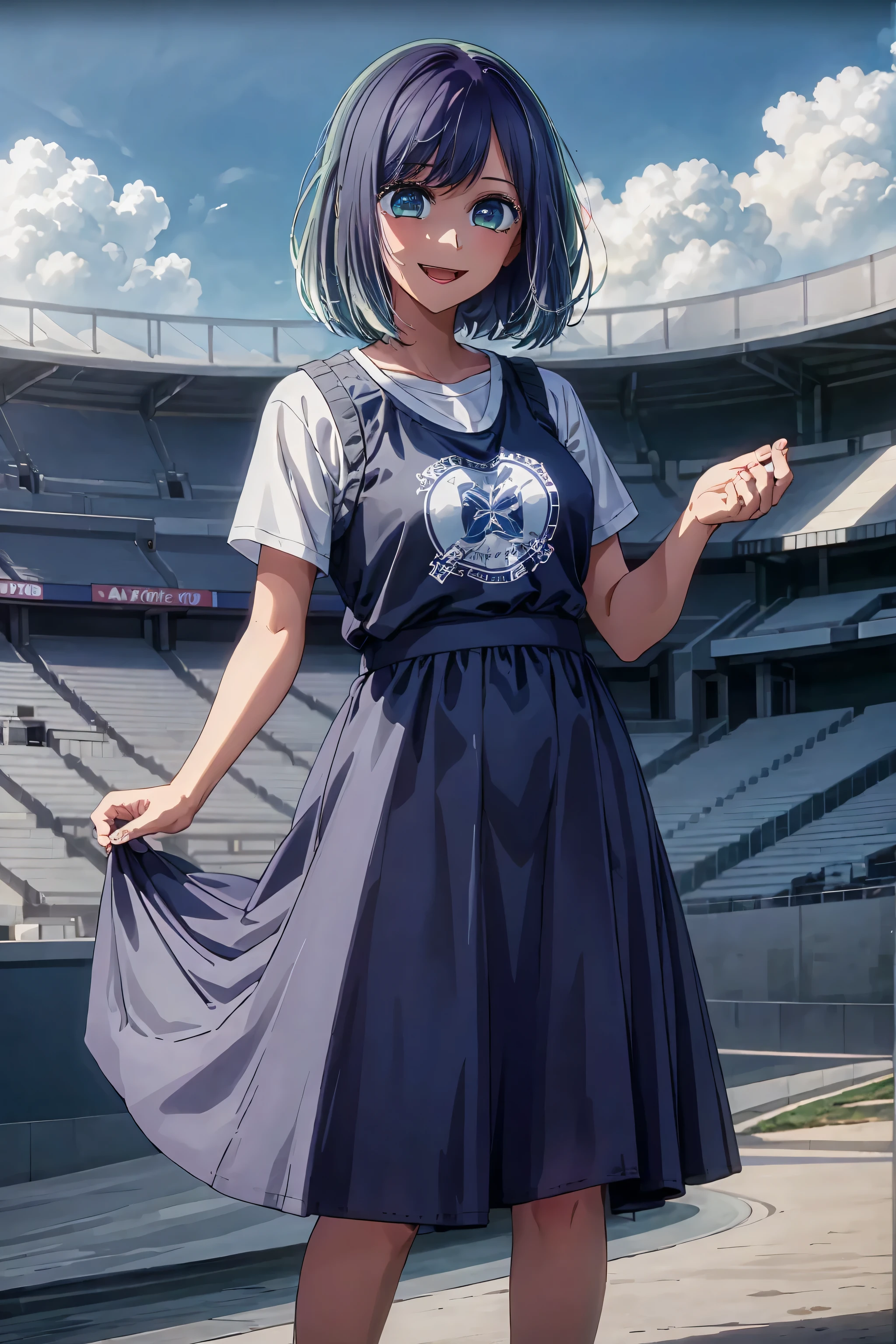 best quality, masterpiece, 1 girl, alone, beautiful eyes, big smile, very surprised expression, casual clothes, stadium stands background