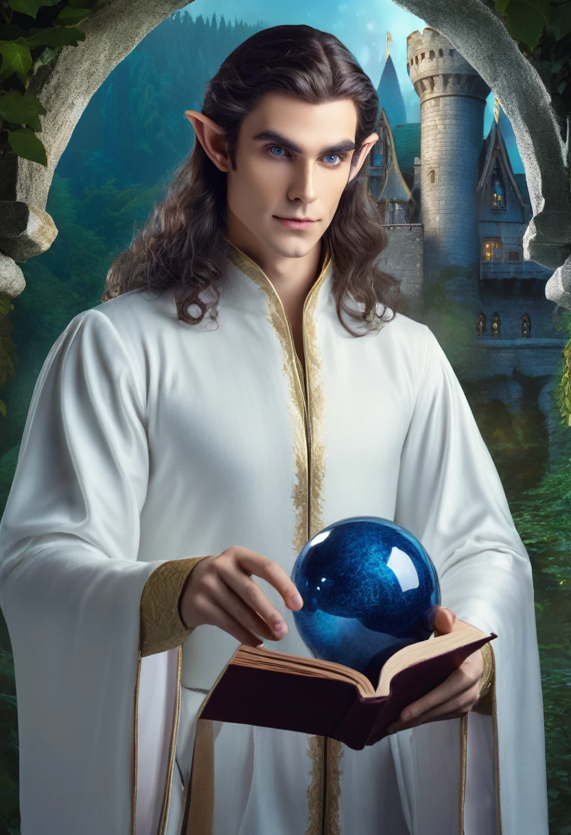 Best quality, high detail, eyes and hands with fingers worked out. Illustration for a book,1 male elf, dark long hair with a blue tint, background forest and castle, in the foreground is a young elf man, elf holding a book and a sphere in his hands, beautiful and tall elf, dark sapphire eyes, young and beautiful elf Mage, Elf magician in white and gold robe, proportional and clear hands and eyes, HD, 8K, Photorealism,
