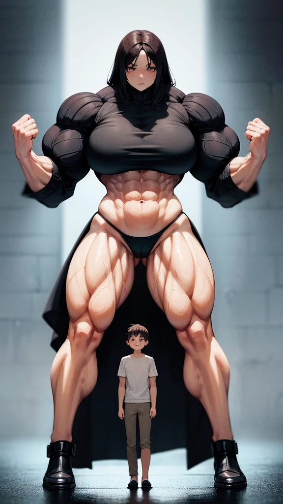 Woman in black bikini and small man in white shirt, weak and small man, thin and small physique, Very beauthful. , ,weak and defenseless man, small physique, , muscular ultraviolent woman, muscular and scary, absurdly huge physique, big muscles, extremely muscular woman, woman stepping on man, small man being stepped on by woman,