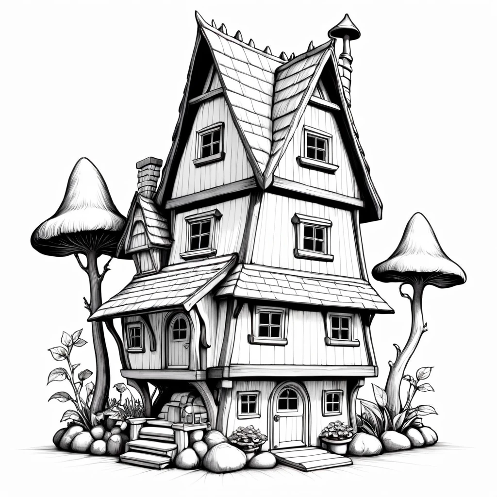 thin line drawing of a gnome house, with the whole body