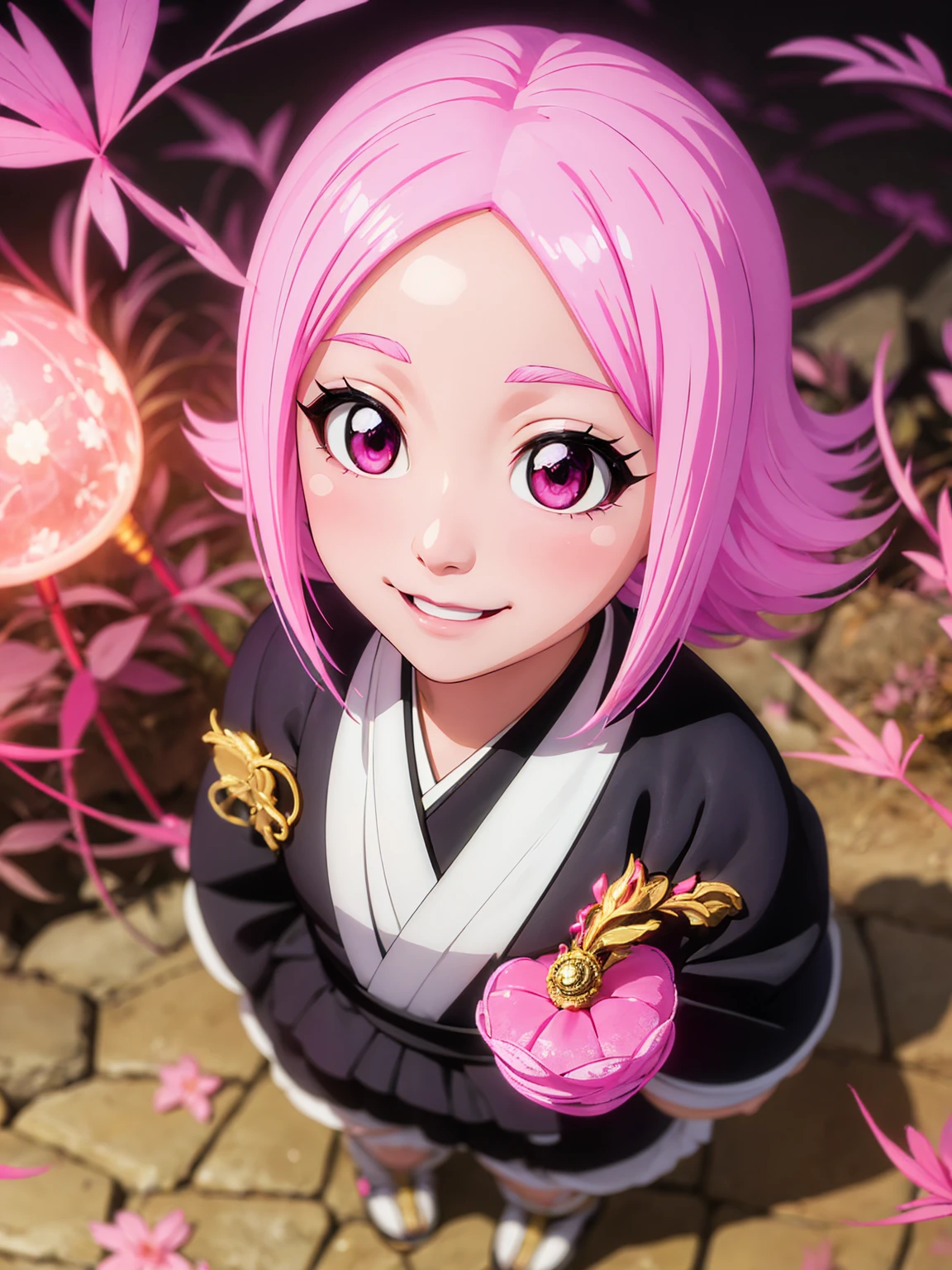 ((ultra detailed work)) , ((vivid colors solar lighting)) , ((face detailed)) , ((body detailed)) a cute young girl with pink hair and pink eyes and in a black kimono and with a beautiful smile. Yachiru to update