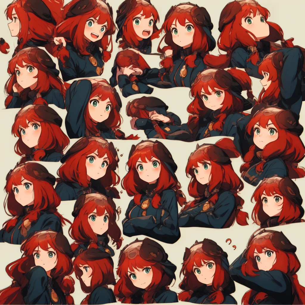 1 Cute Girl, red hair, long hair, eyes red and gold, 9 tables,9 poses and expressions,Different emotions