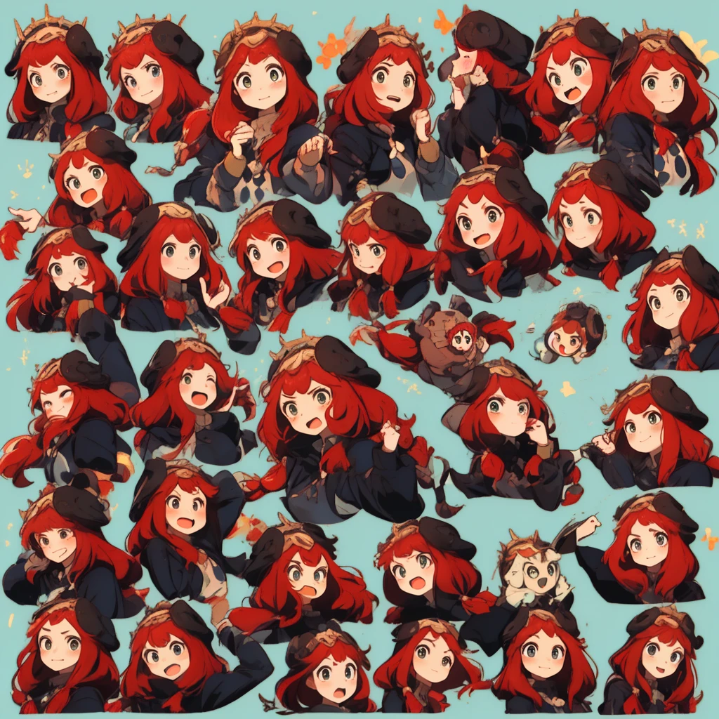 1 Cute Girl, red hair, long hair, eyes red and gold, 9 tables，9 poses and expressions，Different emotions