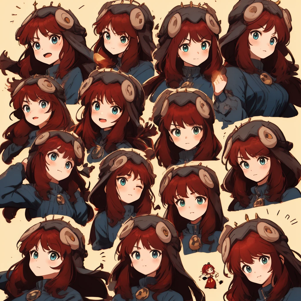 1 Cute Girl, red hair, long hair, eyes red and gold, 9 tables,9 poses and expressions,Different emotions