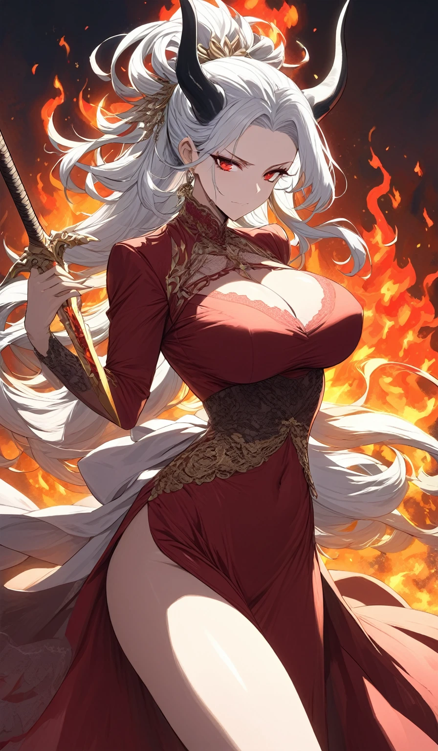 A masterpiece, very detailed, ultra detailed, one, (1 woman), athletic body, six press packs, she is in a ballroom lace red dress with bright gold details, with a fiery sword in her hand and in a standing and fighting position, super mature, tall, milf-style, mature mother, long hair, bright white hair and tied hair, white demonic horns, beautiful, charming, bright blood-red eyes, elegant, large breasts, neutral face, calm face, charming, against the background of fire, flame and lava.