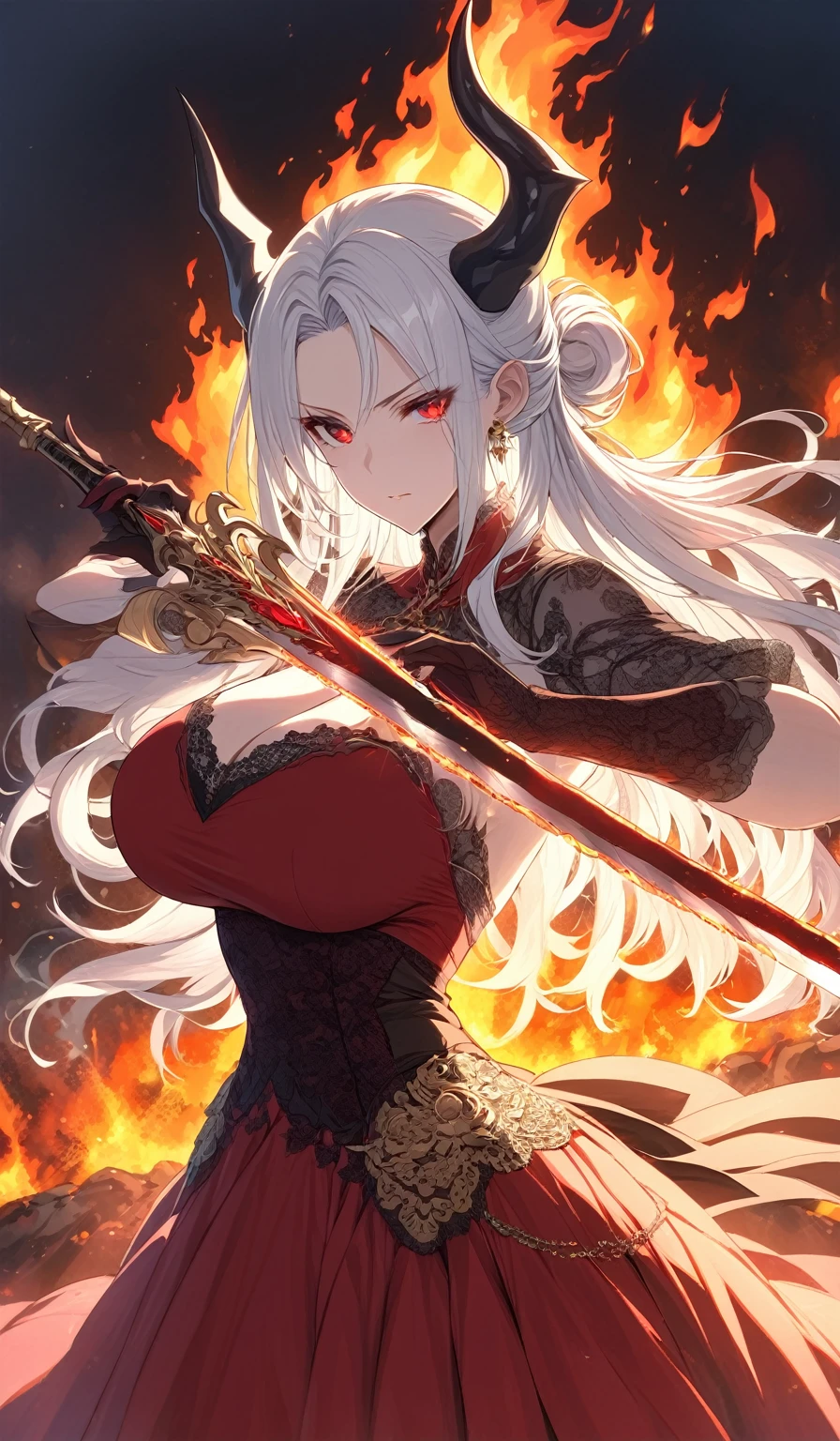 A masterpiece, very detailed, ultra detailed, one, (1 woman), athletic body, six press packs, she is in a ballroom lace red dress with bright gold details, with a fiery sword in her hand and in a standing and fighting position, super mature, tall, milf-style, mature mother, long hair, bright white hair and tied hair, white demonic horns, beautiful, charming, bright blood-red eyes, elegant, large breasts, neutral face, calm face, charming, against the background of fire, flame and lava.