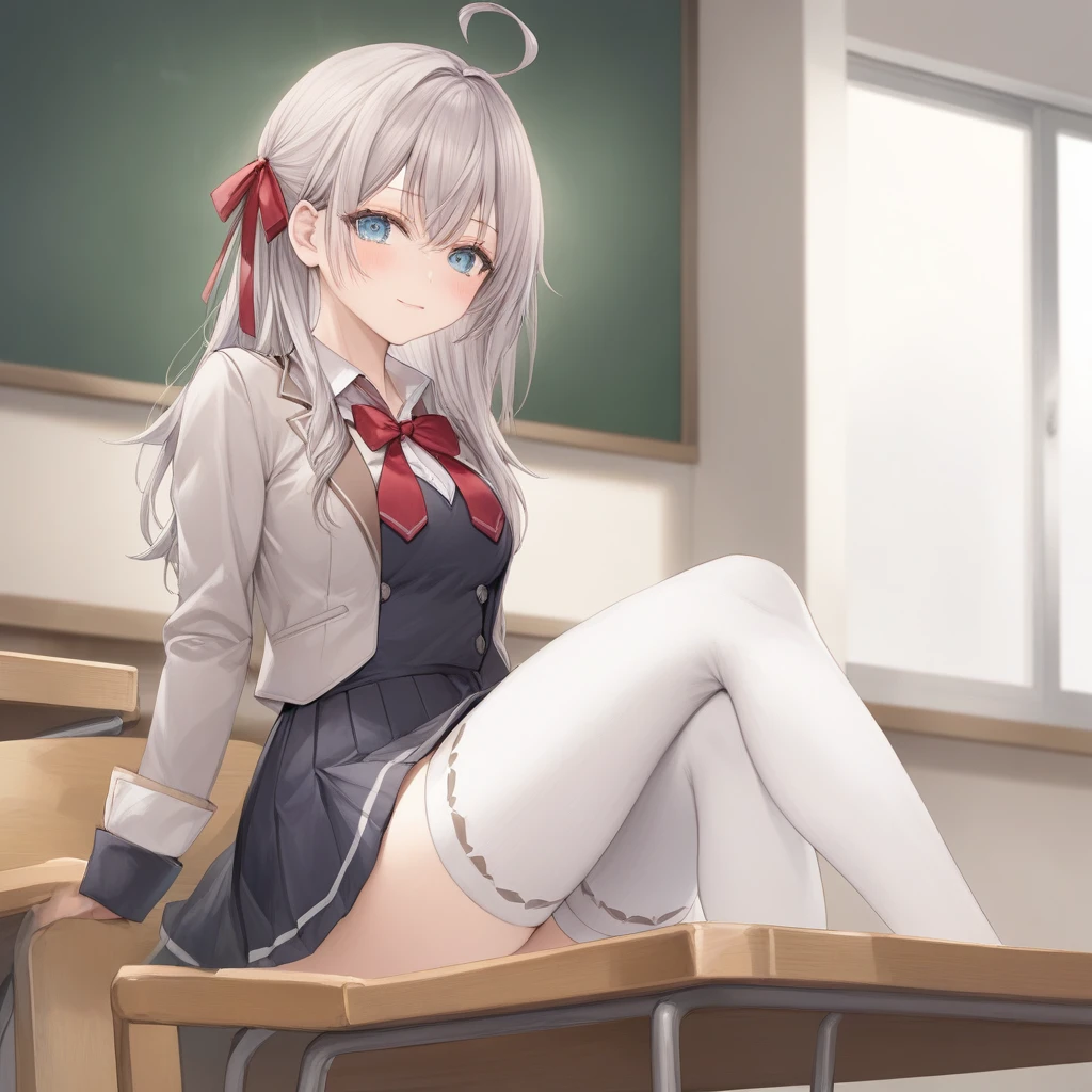 detailed skin, detailed hair, 1girl, detailed skin, detailed hair, long hair, blue eyes, grey hair, hair between eyes, bangs, ahoge, , open jacket, collared shirt, red bow, long sleeves, pleated skirt, hair ribbon, red bowtie, white shirt, beige blazer, ((White thighhighs:1.5)),zettai ryouiki, ((from below:1.3,close up to crotch:1.3)), in the classroom, ((skirts lift,lifted by self)), ((show off Well designed White Lace panties)), medium breasts, 