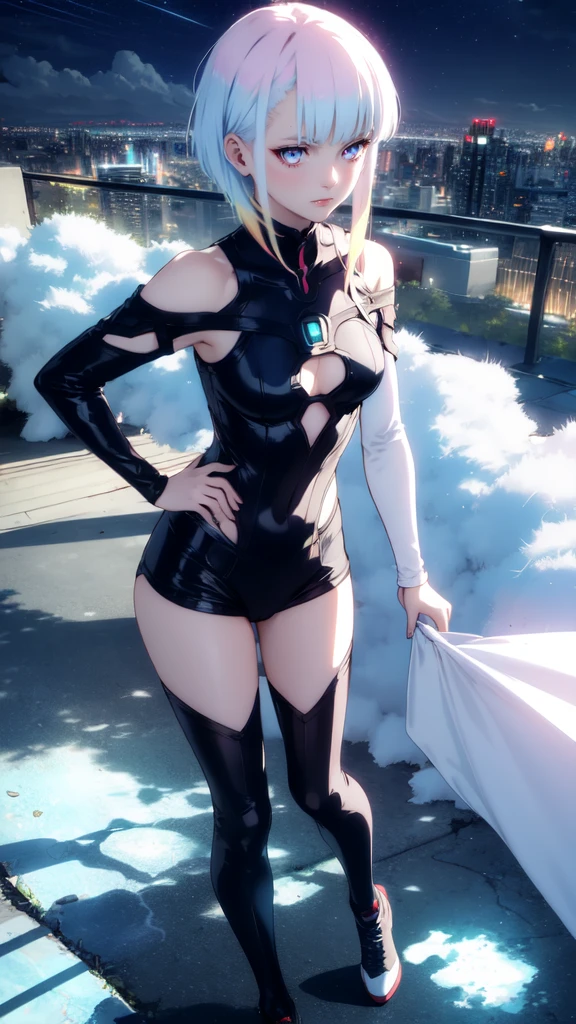 Masterpiece, best quality, 16k resolution, NVIDIA RTX Ray Tracing technology, Create a 4K resolution, ultra-realistic, and extremely detailed artwork, award winning, retina, soft light, sharp focus.(hyper-realistic:1.4), (full body:1.5), (Night, night time:1.4), from above
cyberpunklucy, lucy, short hair, bangs, blue eyes, blue hair, multicolored hair, makeup, (multicolored eyes:1.3), smile, model pose, modeling
BREAK bare hips, bodysuit, leotard, monowire, off shoulder, off-shoulder open clothes, MIDRIFF
BREAK outdoors, city, moon, night, sky, clouds,
sexy, Sexy, smooth perfect skin, smooth_skin
Beautiful、(red blush)、Sexy
FULL BODY SHOT, ultra wide angle, textured skin, face detail, clean skin, perfect hands, perfect anatomy, anatomically correct,
(Realistic park:1.3)