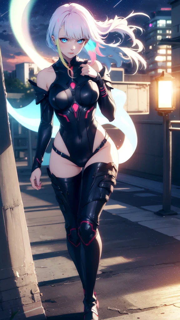 Masterpiece, best quality, 16k resolution, NVIDIA RTX Ray Tracing technology, Create a 4K resolution, ultra-realistic, and extremely detailed artwork, award winning, retina, soft light, sharp focus.(hyper-realistic:1.4), (full body:1.5), (Night, night time:1.4), from above
cyberpunklucy, lucy, short hair, bangs, blue eyes, blue hair, multicolored hair, makeup, (multicolored eyes:1.3), smile, model pose, modeling
BREAK bare hips, bodysuit, leotard, monowire, off shoulder, off-shoulder open clothes, MIDRIFF
BREAK outdoors, city, moon, night, sky, clouds,
sexy, Sexy, smooth perfect skin, smooth_skin
Beautiful、(red blush)、Sexy
FULL BODY SHOT, ultra wide angle, textured skin, face detail, clean skin, perfect hands, perfect anatomy, anatomically correct,
(Realistic park:1.3)