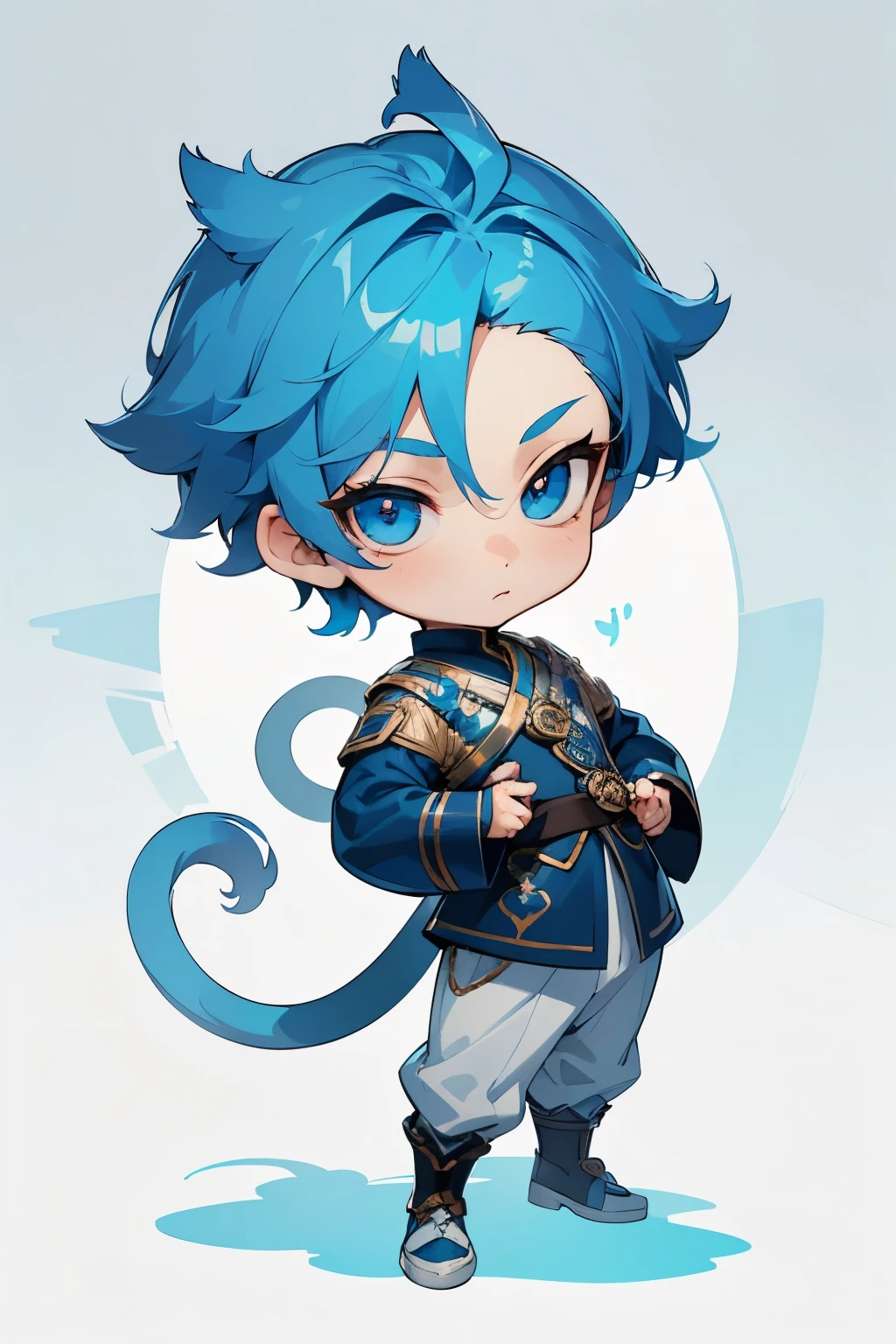 boy, full body, cartoon style, chibi style, cute, monkey tail, beautiful face, blue color eye, beautiful eye, high detailed pupil, double eyeylid, high detailed skin, high quality skin, blue color hair, very short hair, white clothes, masterpiece,