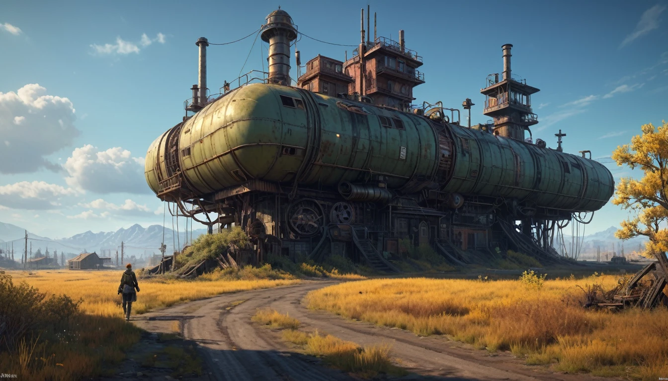 Isn't that the strangest thing, photorealistic, in the style of digital art simon stalenhag, a stunning camera angle, steampunk, futuristic sci-fi retro spaceart chris-Foss-style, digital art by simon stalenhag, 4k hd, sunrise, futuristic powerplants, rusting broken ancient god mechanoid, beautiful rural countryside, world of RPG-game Fallout 4 and bethesda new vegas, contrast, lighting, dusty road, abandoned 1960 american suburb buildings, spring time, wet and swampy roads, japanese Tokio school-girls steampunked, ultra hd, realistic, vivid colors, highly detailed, UHD drawing, pen and ink, perfect composition, beautiful detailed intricate insanely detailed octane render trending on artstation, 8k artistic photography, photorealistic concept art, soft natural volumetric cinematic perfect light