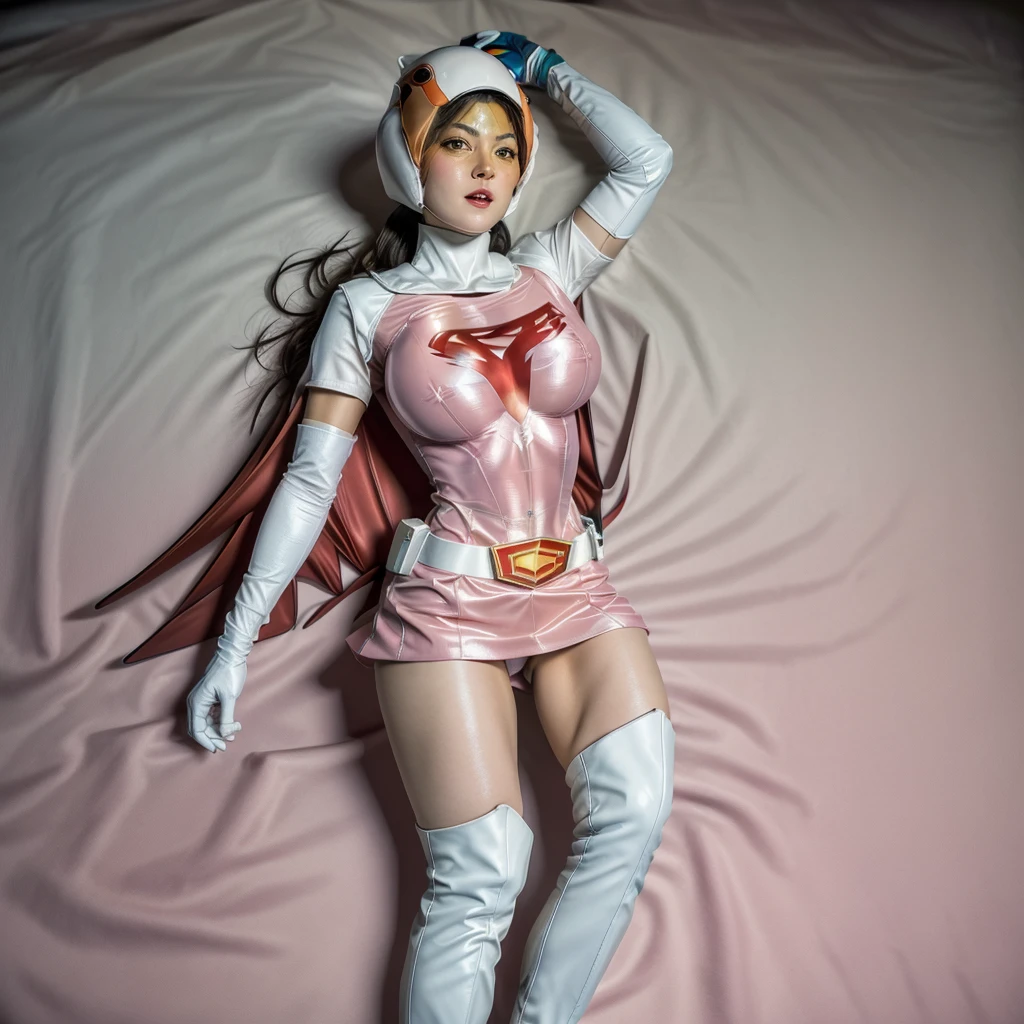 ANI_CLASSIC_jun_gatchaman_ownwaifu,1girl, ,good anatomy, masterpiece, best quality,realistic, hyperrealistic, 16k hdr, long hair,breasts,green eyes,lips,large breasts,lipstick,makeup,gloves,cape,helmet,belt,elbow gloves,white gloves,mask,ultra miniskirt,leotard,spacesuit,white tight overknee highheels boots,pink dress,superhero,bodysuit,cleavage,erected nipples,(lying flat poses, view from above),cameltoe