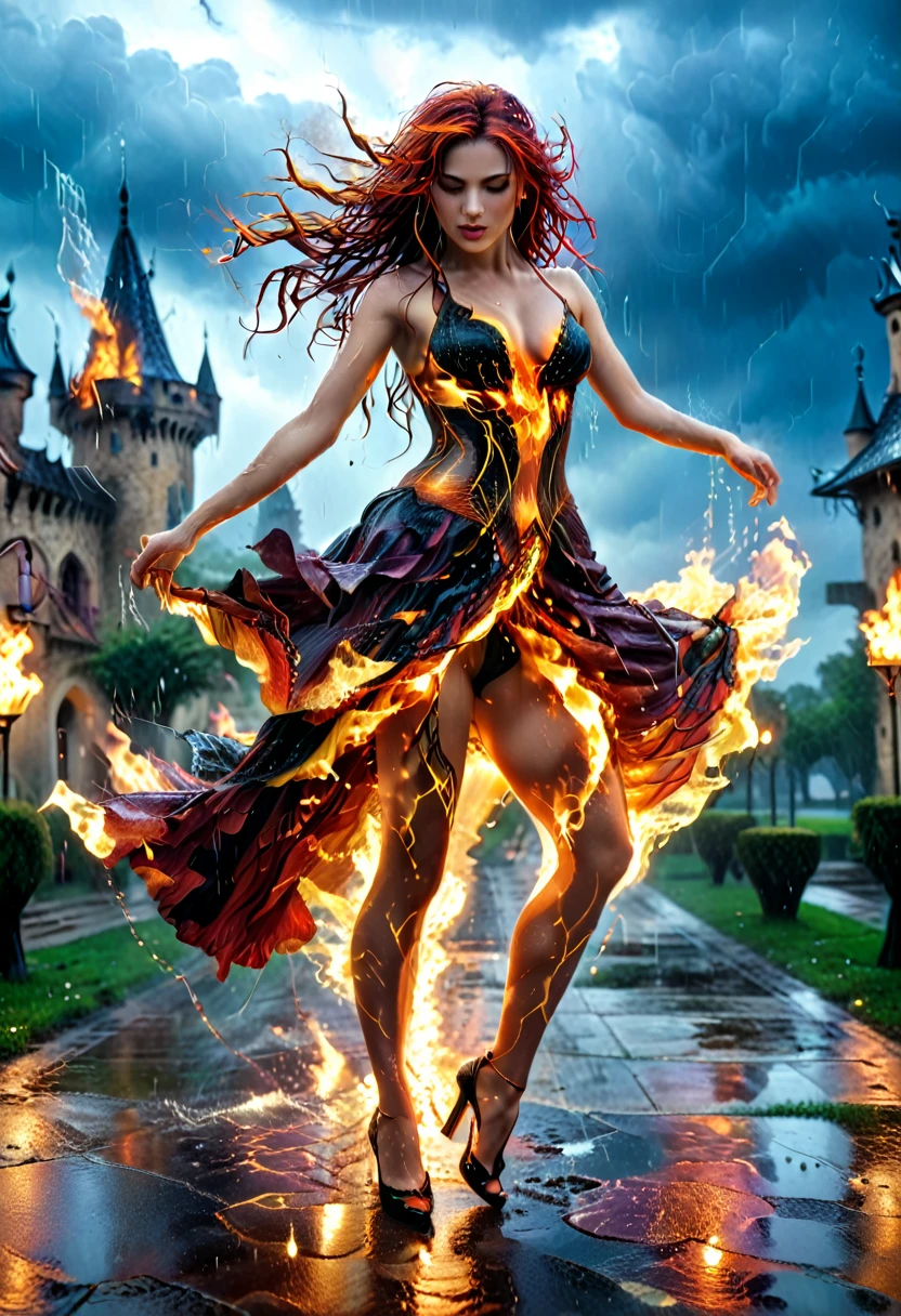 a sorceress of fire making fire dance in a the (storm of rain: 1.3), a most exquisite beautiful sorceress, controlling fire manipulating fire, a woman, dynamic hair color, dynamic hair style, (most beautiful face: 1.3), (ultra detailed face: 1.2), wet hair, wet face, dynamic eyes color, full body shot, wearing dress made of fire, wearing intricate high heels, light make up, dancing in courtyard of a fantasy castle background, ((heavy rain drops: 1.1)), clouds in the sky, (anatomically correct: 1.4), (full body shot: 1.1) , vibrant, Ultra-high resolution, High Contrast, (masterpiece:1.5), highest quality, Best aesthetics), best details, best quality, highres, ultra wide angle, 16k, [ultra detailed], masterpiece, best quality, (extremely detailed), firecd_xl, faize