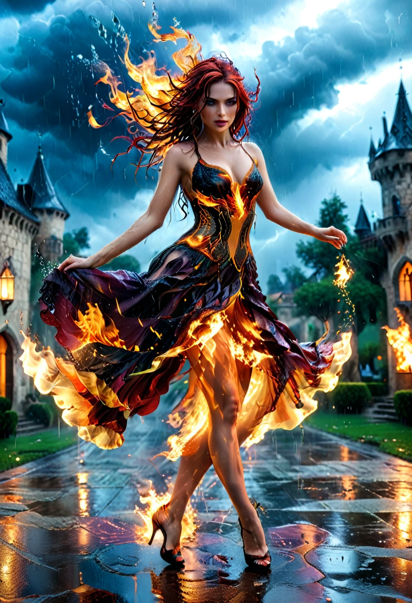 a sorceress of fire making fire dance in a the (storm of rain: 1.3), a most exquisite beautiful sorceress, controlling fire manipulating fire, a woman, dynamic hair color, dynamic hair style, (most beautiful face: 1.3), (ultra detailed face: 1.2), wet hair, wet face, dynamic eyes color, full body shot, wearing dress made of fire, wearing intricate high heels, light make up, dancing in courtyard of a fantasy castle background, ((heavy rain drops: 1.1)), clouds in the sky, (anatomically correct: 1.4), (full body shot: 1.1) , vibrant, Ultra-high resolution, High Contrast, (masterpiece:1.5), highest quality, Best aesthetics), best details, best quality, highres, ultra wide angle, 16k, [ultra detailed], masterpiece, best quality, (extremely detailed), firecd_xl, faize