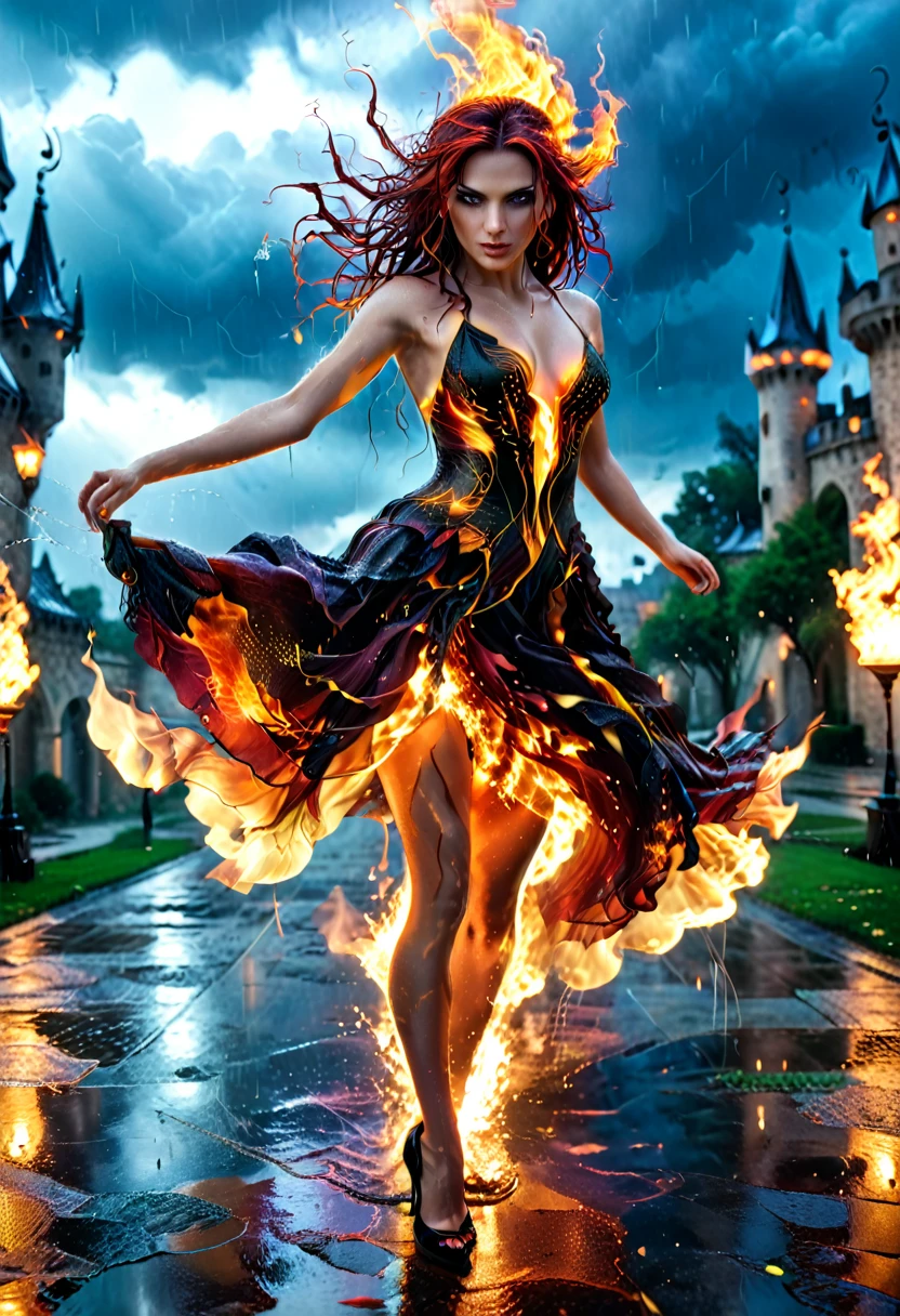 a sorceress of fire making fire dance in a the (storm of rain: 1.3), a most exquisite beautiful sorceress, controlling fire manipulating fire, a woman, dynamic hair color, dynamic hair style, (most beautiful face: 1.3), (ultra detailed face: 1.2), wet hair, wet face, dynamic eyes color, full body shot, wearing dress made of fire, wearing intricate high heels, light make up, dancing in courtyard of a fantasy castle background, ((heavy rain drops: 1.1)), clouds in the sky, (anatomically correct: 1.4), (full body shot: 1.1) , vibrant, Ultra-high resolution, High Contrast, (masterpiece:1.5), highest quality, Best aesthetics), best details, best quality, highres, ultra wide angle, 16k, [ultra detailed], masterpiece, best quality, (extremely detailed), firecd_xl, faize