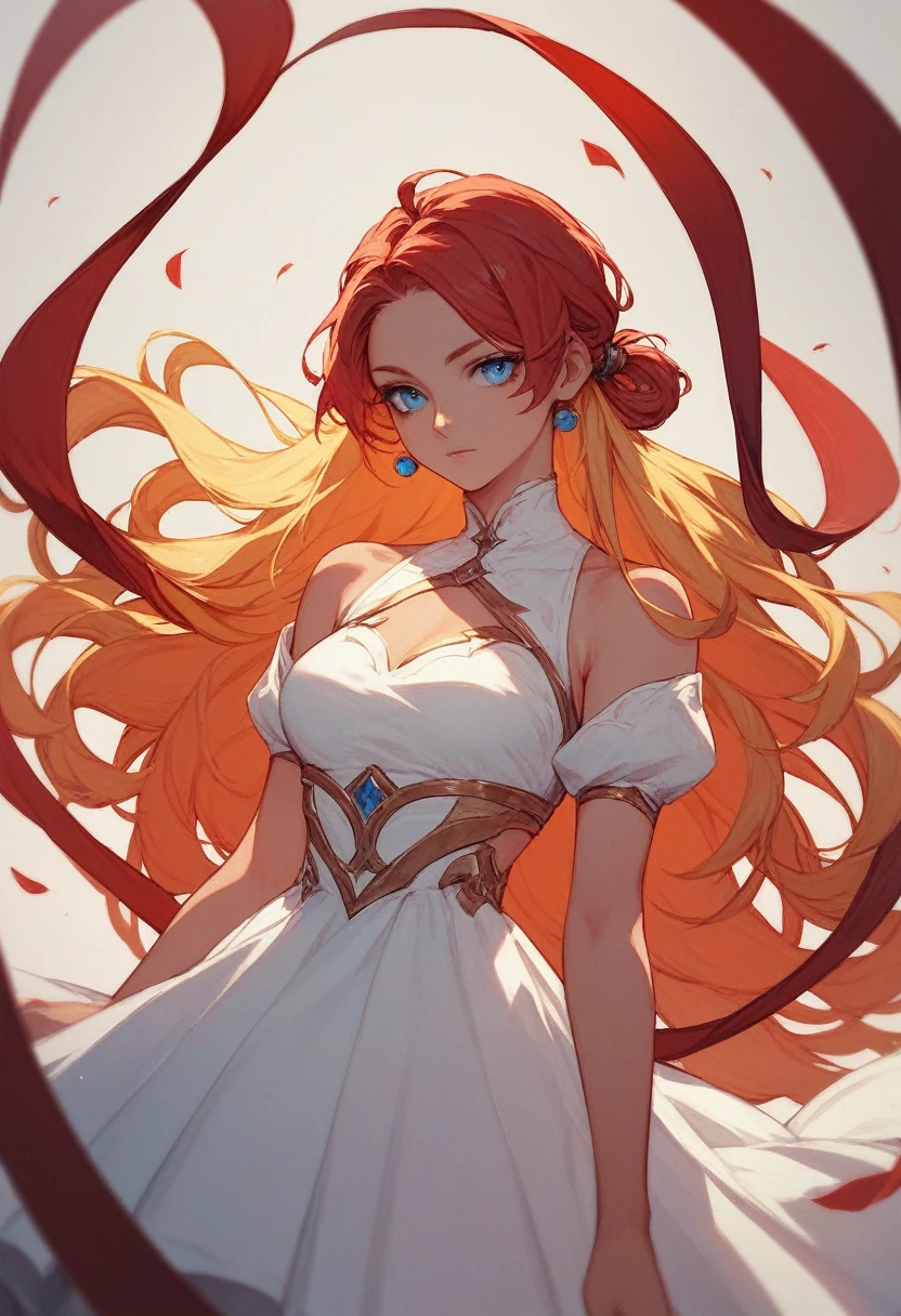Girl, yellow hair, blue eyes, tandoori, white dress, red hair tie
