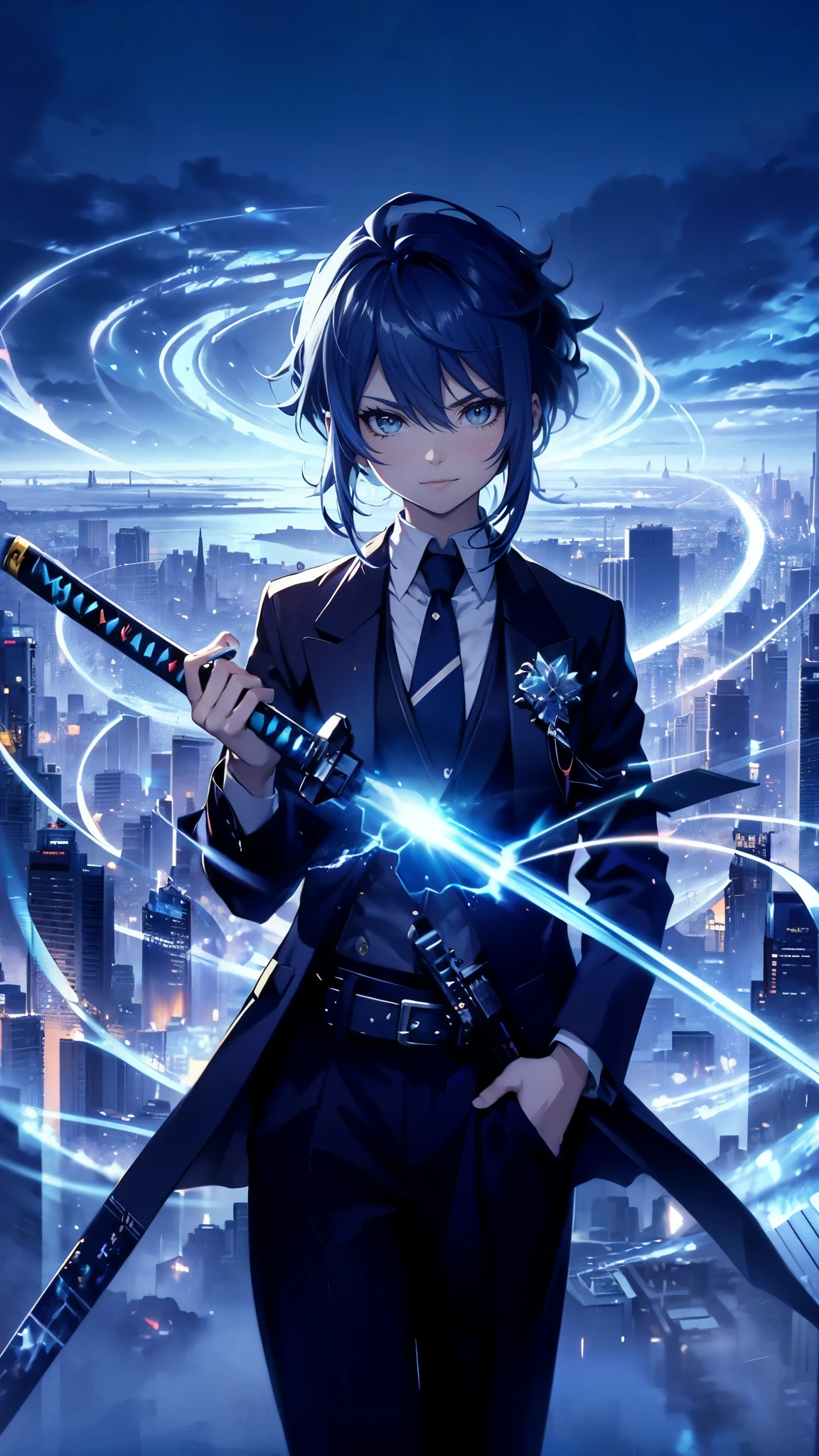 a teenage girl,confident smirk,sleek black suit and tie,stands atop skyscraper,futuristic cityscape,holding katana with glowing blue blade,one hand projects swirling vortex of shimmering silver energy,technological manipulation power,((blue magic vortex)),((cute anime face)),best quality,4k,8k,highres,masterpiece:1.2,ultra-detailed,realistic,photorealistic,photo-realistic:1.37,HDR,UHD,studio lighting,ultra-fine painting,sharp focus,physically-based rendering,extreme detail description,professional,vivid colors,bokeh,concept art