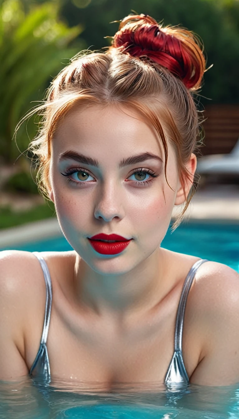 ultrarealistic high quality fullbody photo of a beautiful busty slim european teen girl with cute hyperdetailed shy face and natural redhead short messy bun and mischievous face, realistic round hazel eyes, red lips, dark eye makeup with eyeliner, wearing slim shiny metallic silver swimsuit, hourglass body, outdoor shooting, relaxing on a pool
