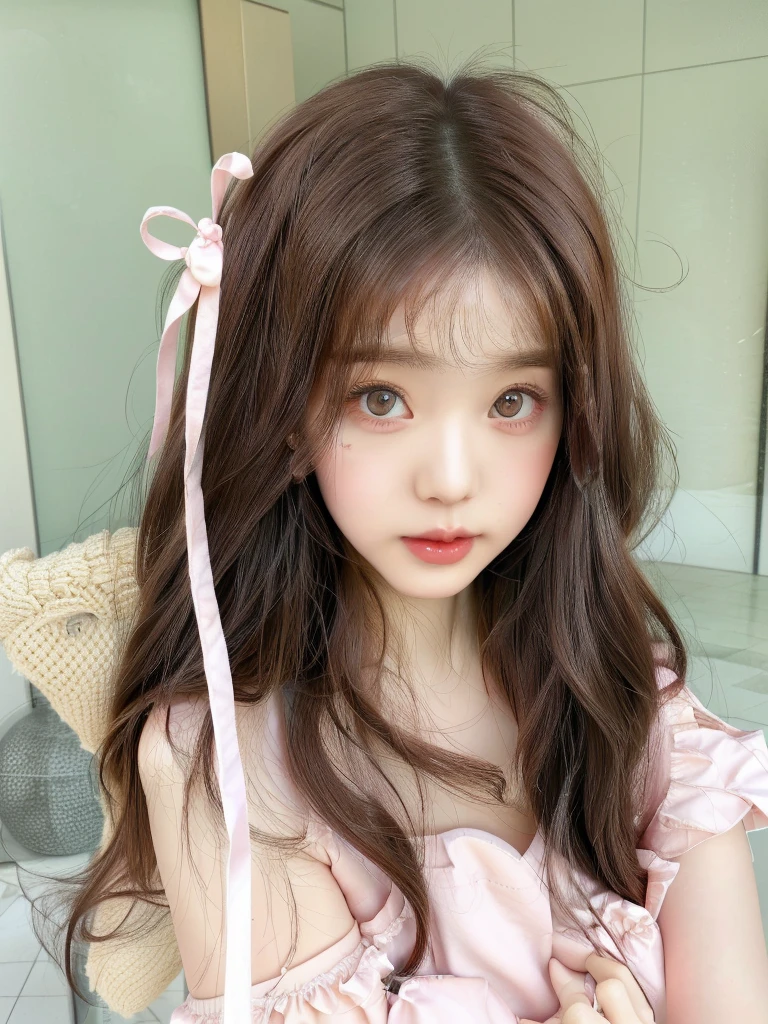 There is a woman with long hair and a pink dress posing for a photo, ulzzang, cute kawaii girl, kawaii realistic portrait, brown hair and large eyes, kawaii hairstyle, cute natural anime face, Sakimichan, kawaii hair style, cute face girl, big eyes and long flowing hair, ultra realistic sweet bunny, brown hair with bangs