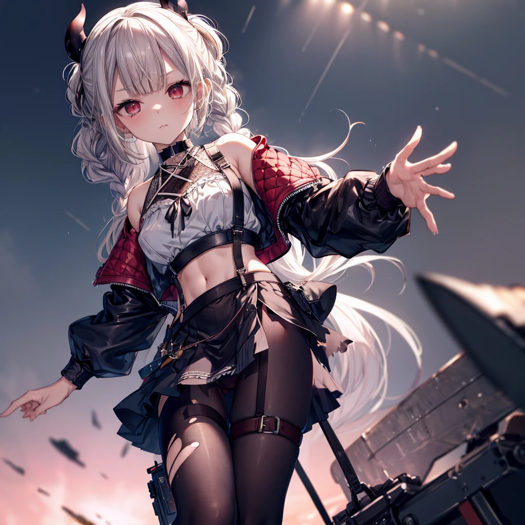 ((Highest quality)), ((masterpiece)), ((detailed)), (4K), 1girl, 独奏, (eyepatch), crop top, leather jacket, Torn miniskirt, suspender skirt, torn pantyhose, panties, panties under pantyhose, choker, bracelet, small breasts, erect nipples, (rain), (wet),  (expressionless), scowl, (from below), (looking down), looking at viewer, wasteland